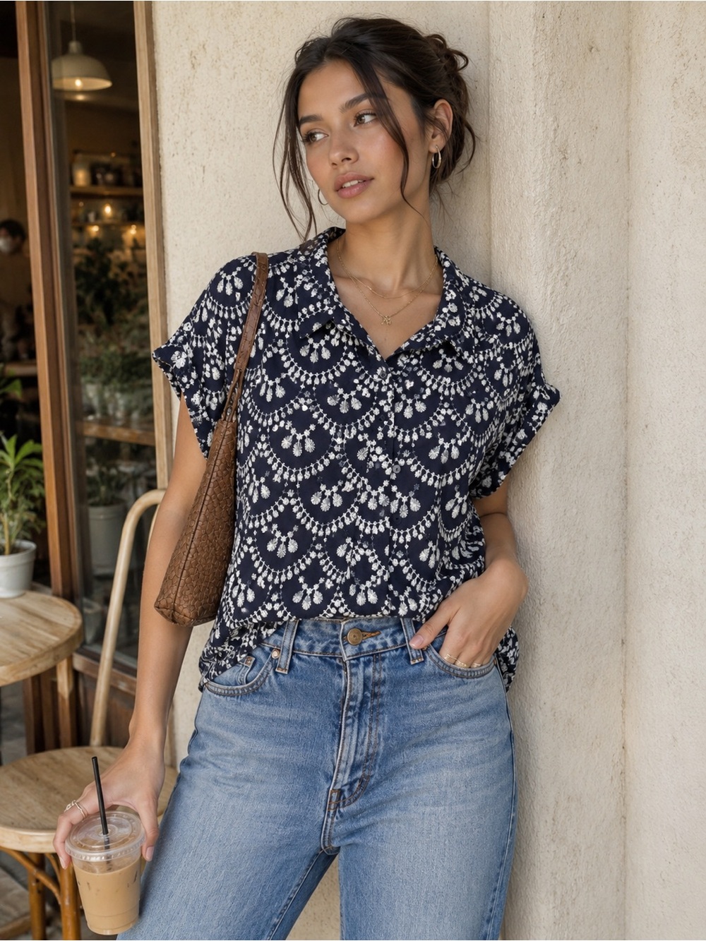 Anthropologie Fig And Flower Embroidered Floral Navy White Button Down Shirt L